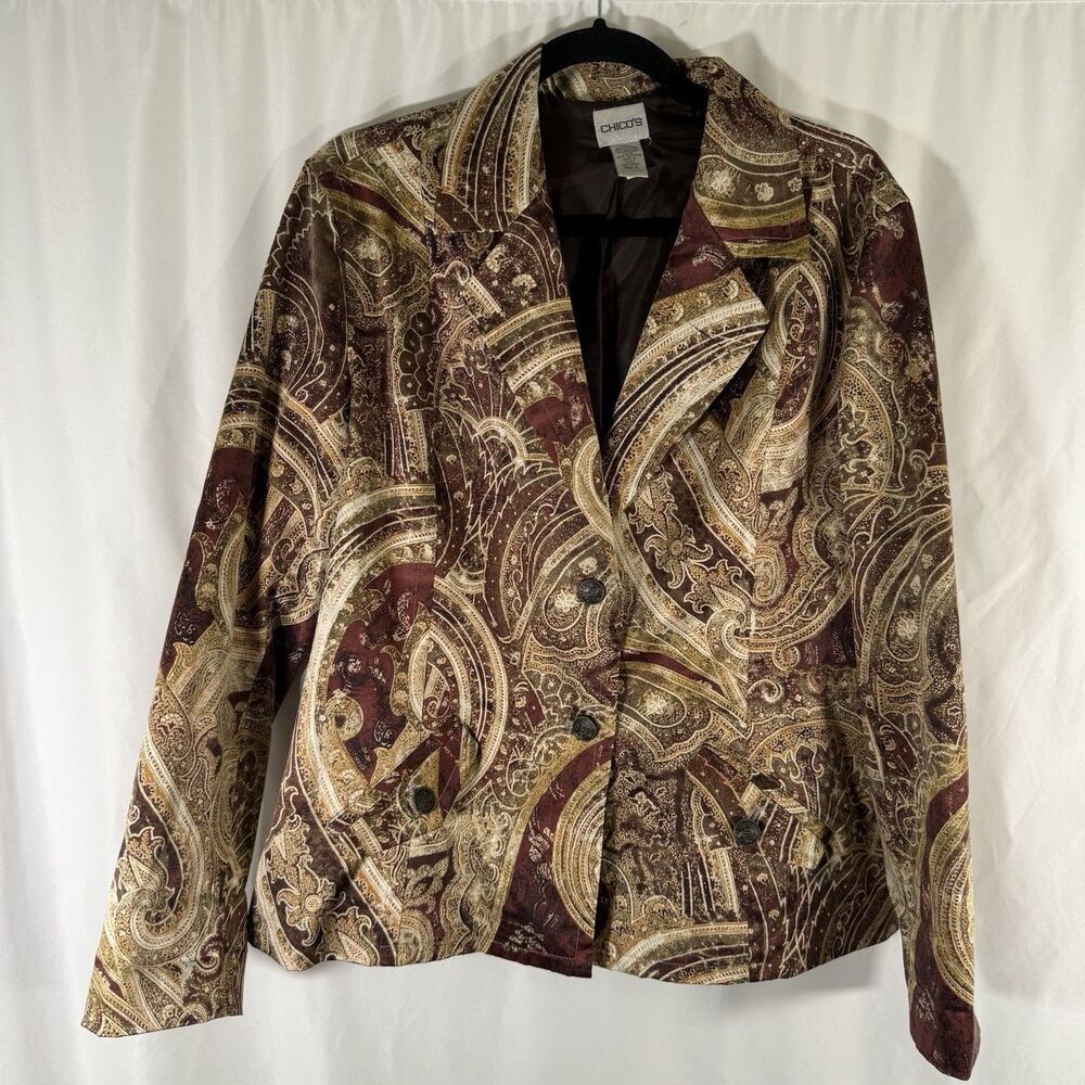 Chico's Jacket Women's 2 Large Brown Floral 2 Button Front Satin Pockets